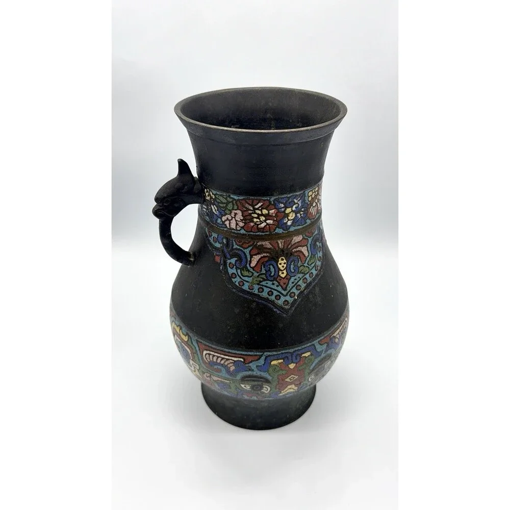 Vintage Japanese Champlevé Enamel Vase - Ornate Floral Design, Figural Handle